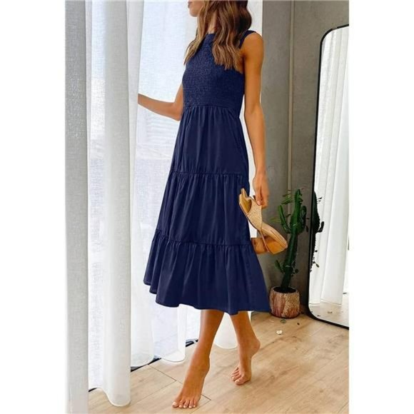 Women's Sleeveless Crew Neck Smocked High Waist Flowy Tiered A Line Midi Dress - Picture 4 of 6